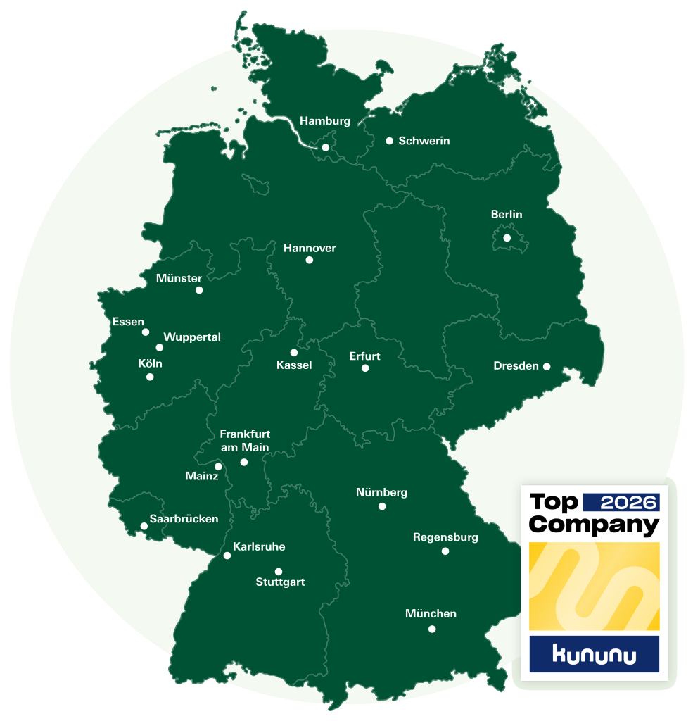 Grafik mit Deutschlandkarte und den markierten Städten, in den sich die 19 DEVK-Regionaldirektionen befinden. Unten ist zusätzlich das kununu-Siegel "Top Company 2026" zu sehen.