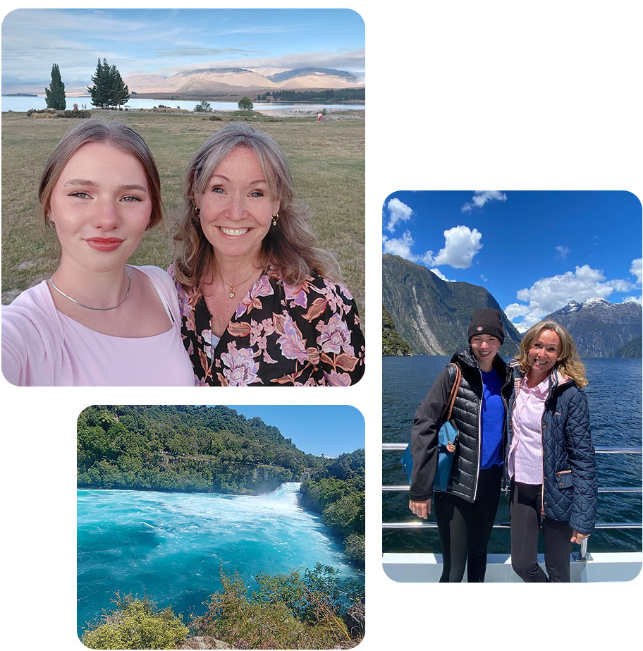 Eine Collage aus drei privaten Fotos: Auf einem sommerlichen Selfie lächeln Anja Bruditz und ihre Tochter in die Kamera. im Hintergrund sind eine Graslandschaft, ein See und Berge zu sehen. Ein weiteres Motiv zeigt die beiden in warmen Jacken auf einem Schiff, umgeben von hohen Klippen. Das dritte Bild ist eine Landschaftsaufnahme von einem Fluss, der sich aus einem schmalen Bett in ein größeres Becken ergießt, das von Bäumen gesäumt wird.