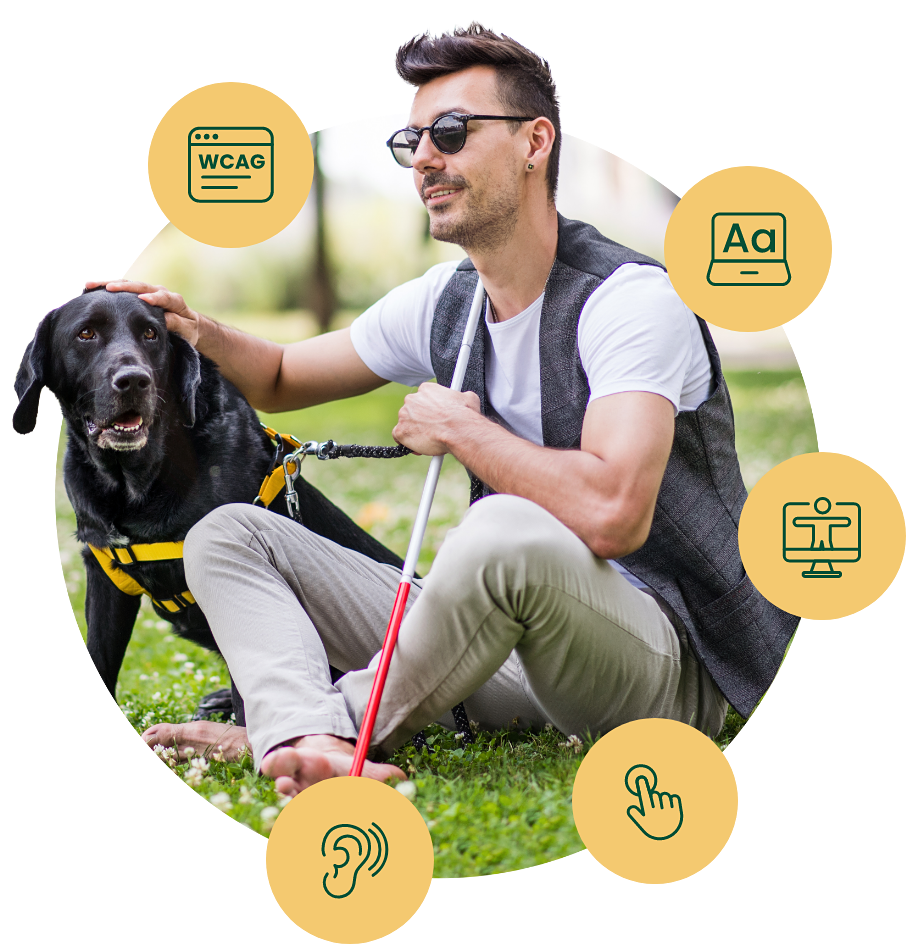 Mann mit Blindenführhund, umgeben von Symbolen für digitale Barrierefreiheit und barrierefreie Webnutzung.