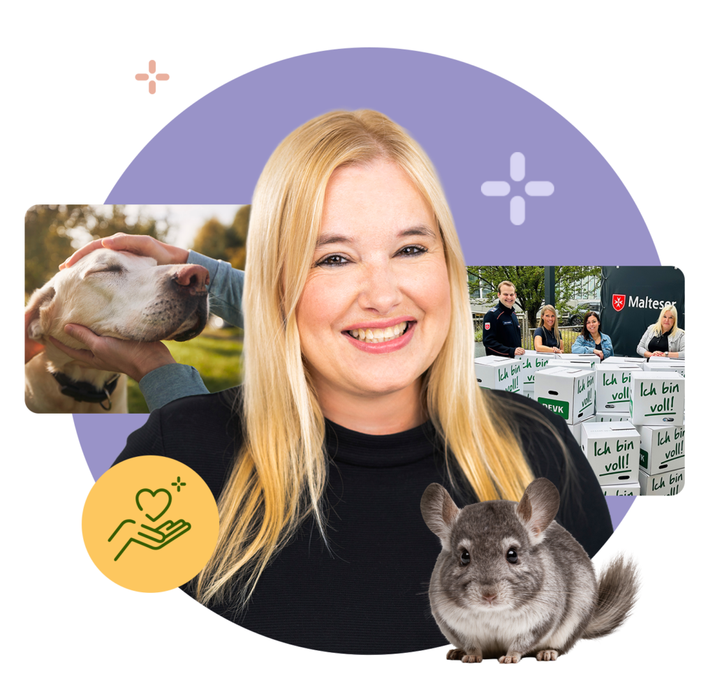 Porträt von Judith Schroers. Die Collage zeigt sie im Mittelpunkt sowie einen Hund, eine Hilfsaktion mit den Maltesern und ein Chinchilla. Die Motive stehen für ihr soziales Engagement und ihre Liebe zu Tieren.