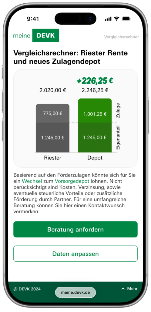 Screen zum Vergleichsrechner zur neuen oder alten Riester-Förderung